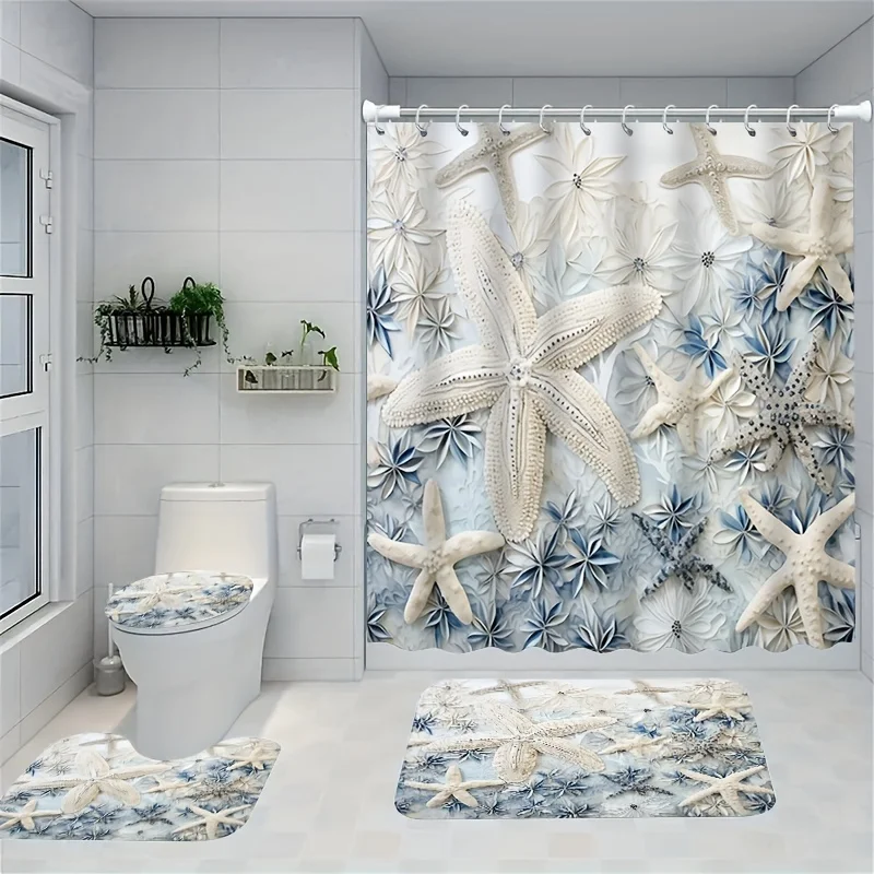 

4pcs 3D ocean print starfish series shower curtain set, decorative bathroom set include waterproof shower curtain, non-slip fl