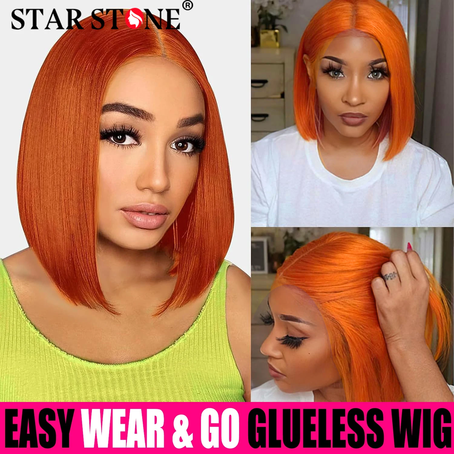 

Glueless Preplucked Human Wigs Ready To Wear Ginger Orange Short Bob Wig 6X4 Glueless Lace Closure Bob Wigs Human Hair For Woman