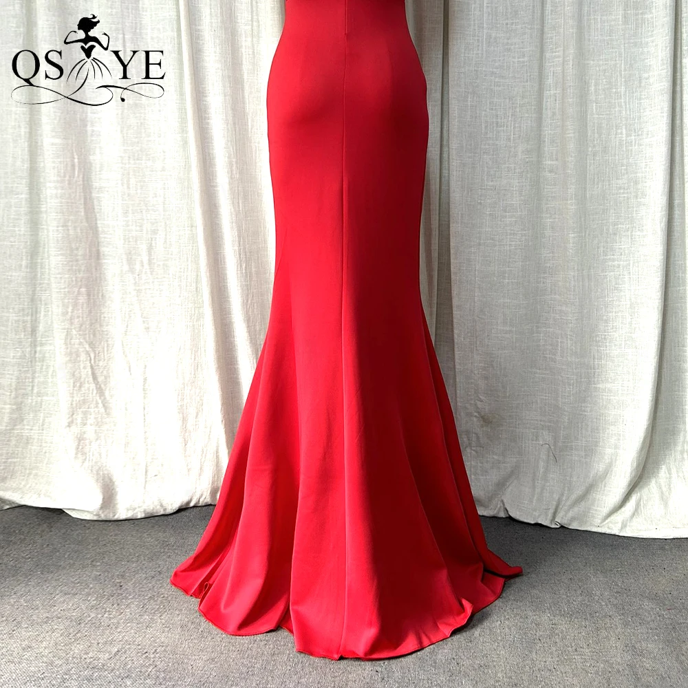 Simple Red Evening Dresses Halter Neck Stretch Long Party Gown Hollow out Waist Split Bright Red Women Prom Dress Sleeveless