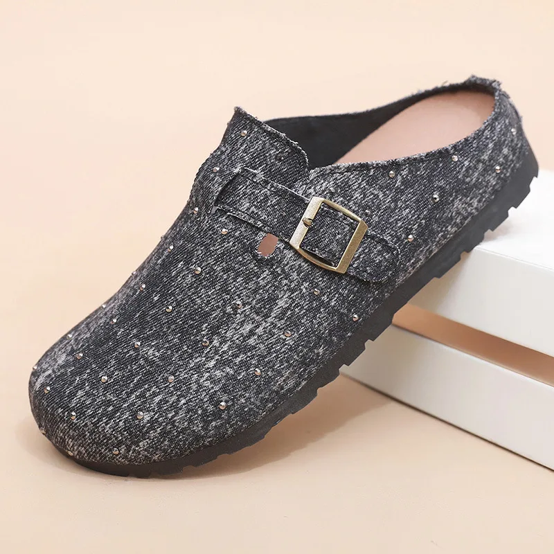 

Women Buckle Strap Mule Clogs Studded Denim Textured Slip on Flats Non Slip Comfortable Casual Walking Shoes Home Outdoor Wear