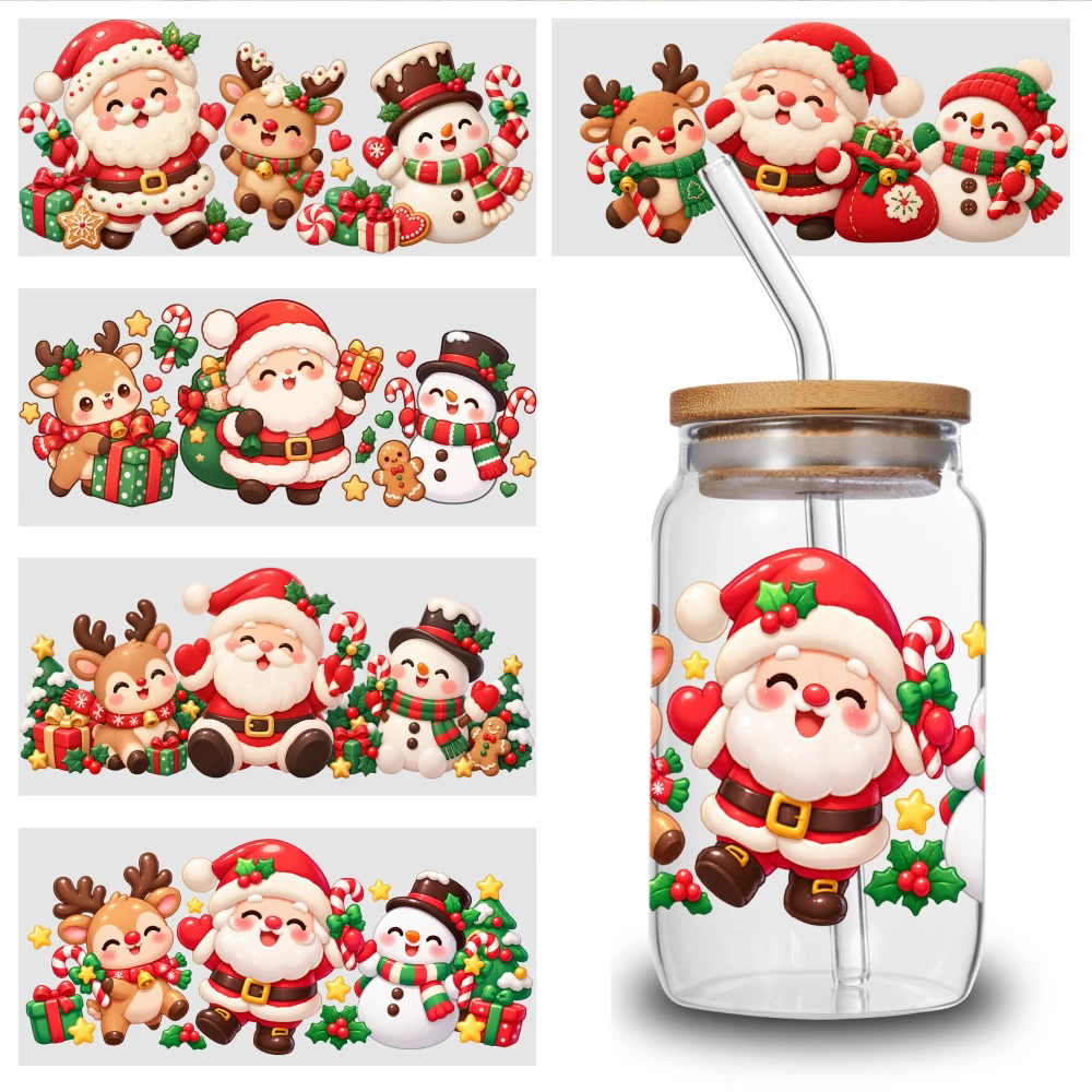 5 Sheets Christmas Santa Claus Reindeer Snowman Pattern Waterproof UV DTF Rub on Transfer Stickers for Glass Plastic Cups