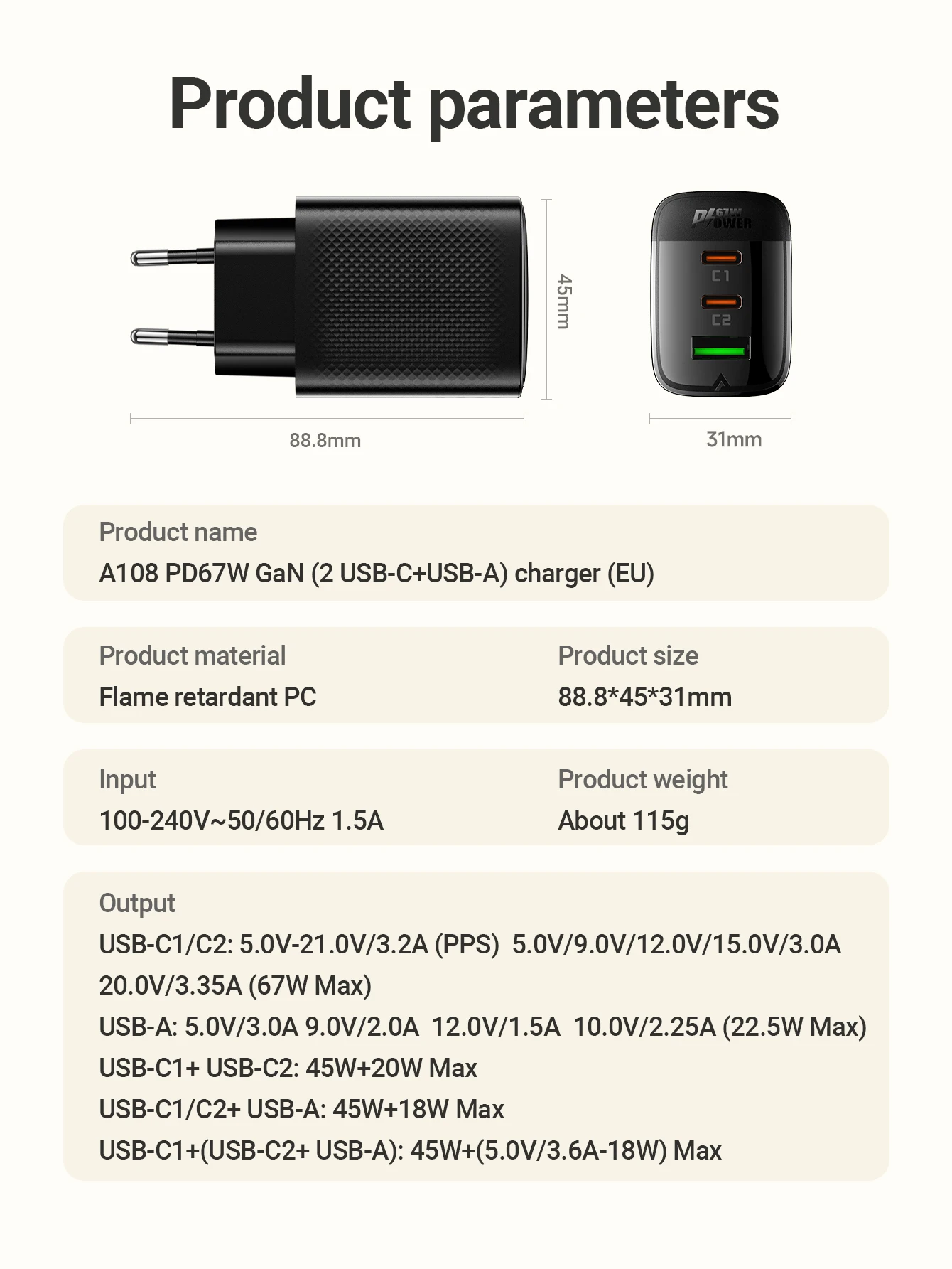 ACEFAST EU-Stecker PD67W USB C Schnellladegerät für iPhone 17 16 Pro Max 22,5 W USB A Schnellladung für Samsung S25 S24 – Detail 9