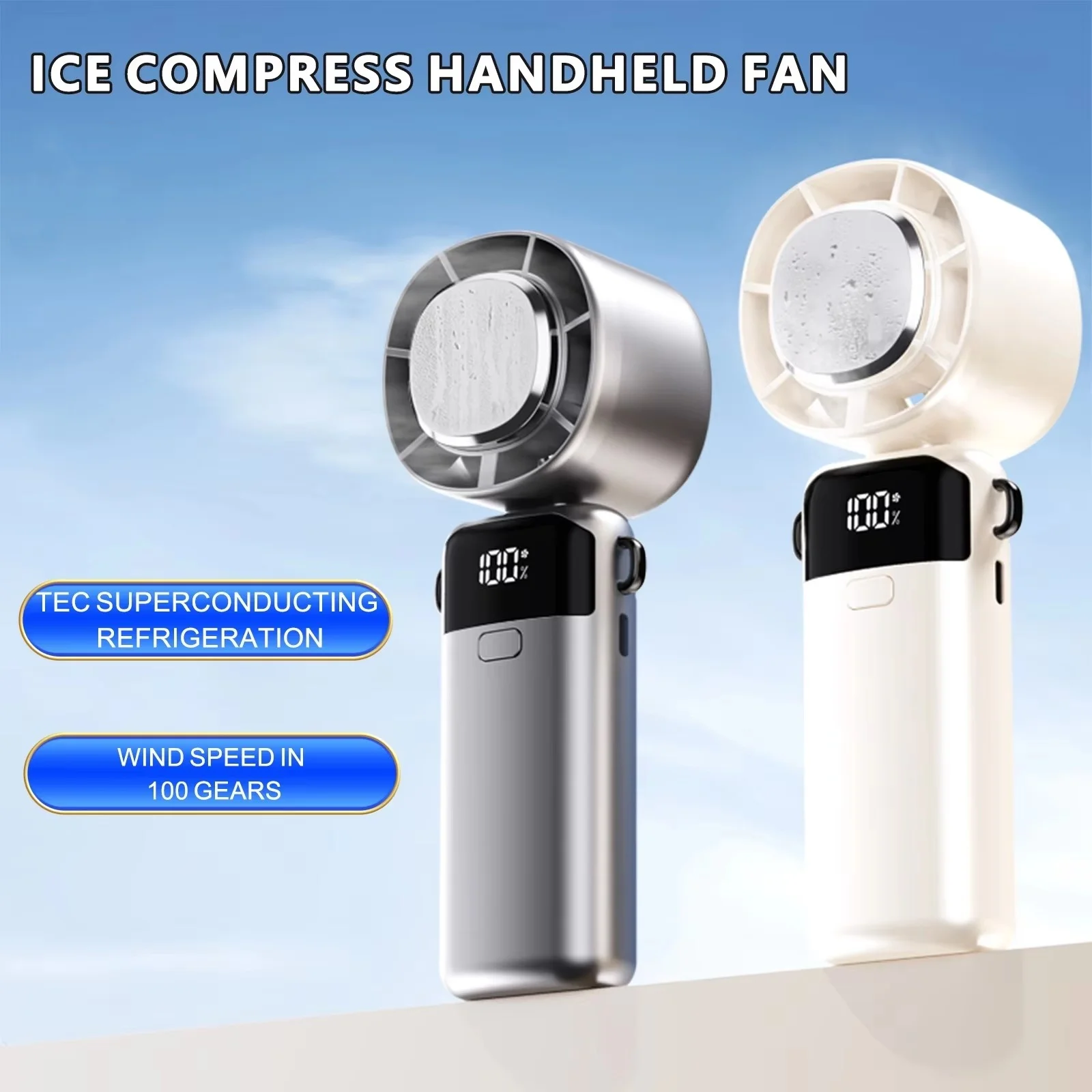 Ventilador de Mano Portátil 2026 con Compresa de Hielo, Pantalla Digital USB, Plegable, Refrigeración de Alta Velocidad, Turbina Potente