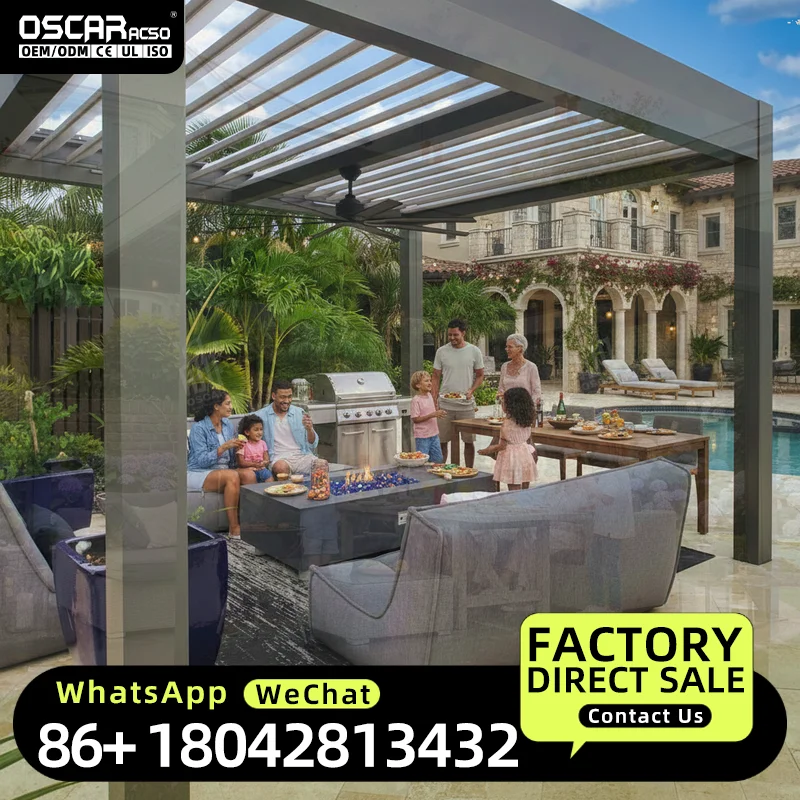 Rainproof Motorized Louvered Arches Smart Solar Patio Cover China Custom Aluminum  Garden Backyard ECO Friendly Bioclimatic Gaze
