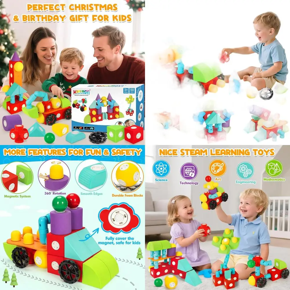 50-Piece Large Magnetic Foam Blocks for Toddlers 3+, Kids' Bath & STEM Toys, Ideal Birthday Gift for Boys & Girls Ages 3-6