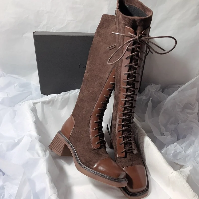 5.5CM Coarse Following Women Boots Leather splicing fashion Winter Shoes Cross tied Side zipper Knee-High Boots Motorcycle Boots