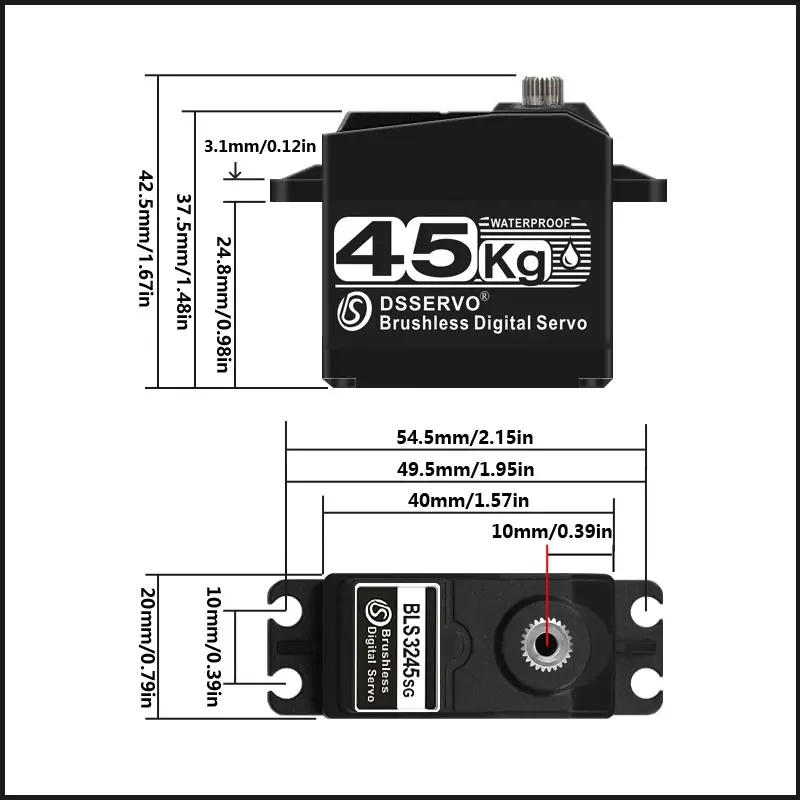Servo digital sem escova de alto torque de 45 kg BLS3245MG com engrenagem de aço IP67 à prova d'água para carro/robô RC (escala 1/8 1:10 1:12)
