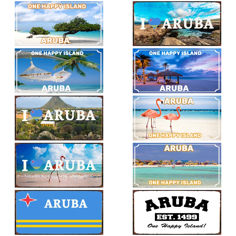 

【YZFQ】Aruba One Happy Island Metal Sign Flamingo Beach Poster Getaways Travel Souvenir For Wall Home Room Decor 12X6INCH JM-01