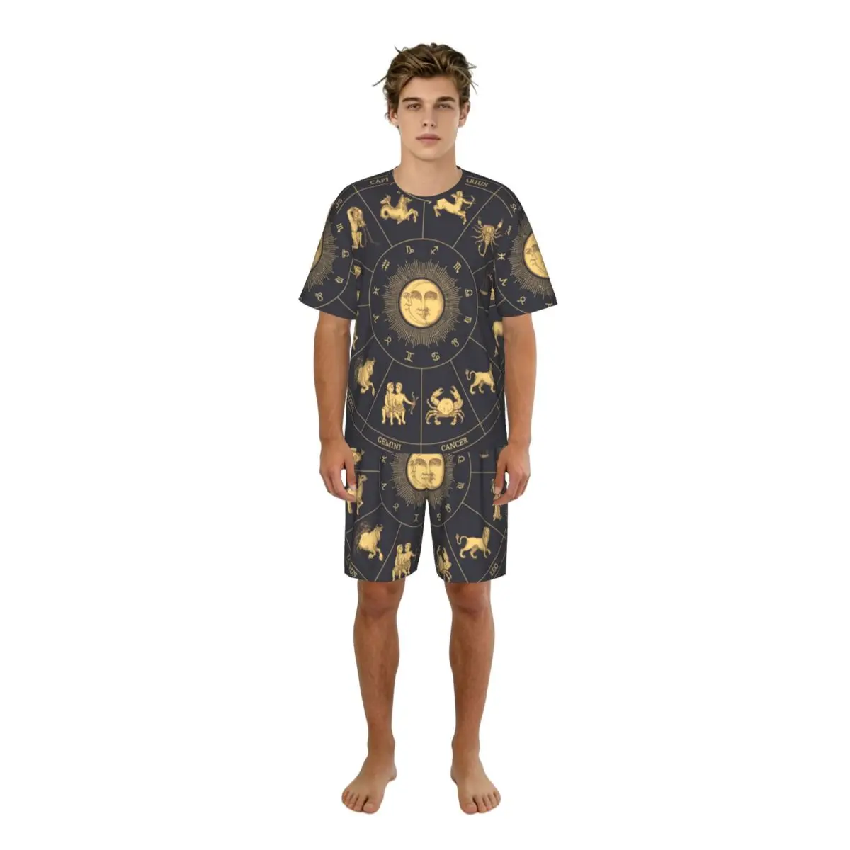 

Summer Men Pajama Set Zodiac Circle Of Horoscope Signs Short Sleeve Sleepwear Casual Homewear Loose Fit Nightwear