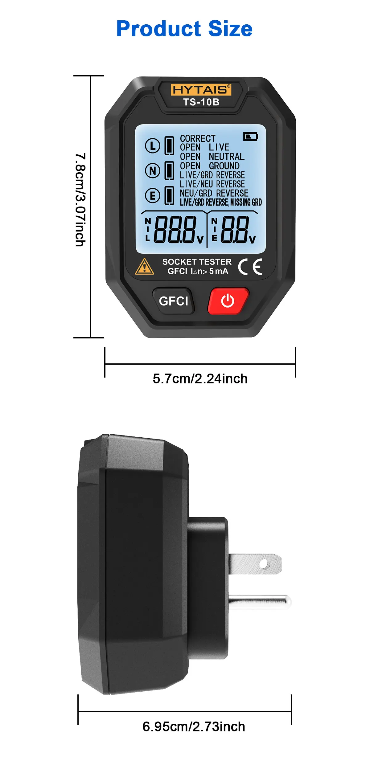 HYTAIS Digitaler Steckdosentester, Batterieleistung, intelligenter Detektor, große Hintergrundbeleuchtung, EU, US, UK, Stecker, Boden, Live, Nullleitung, Polarität, Phasenprüfung – Detail 10