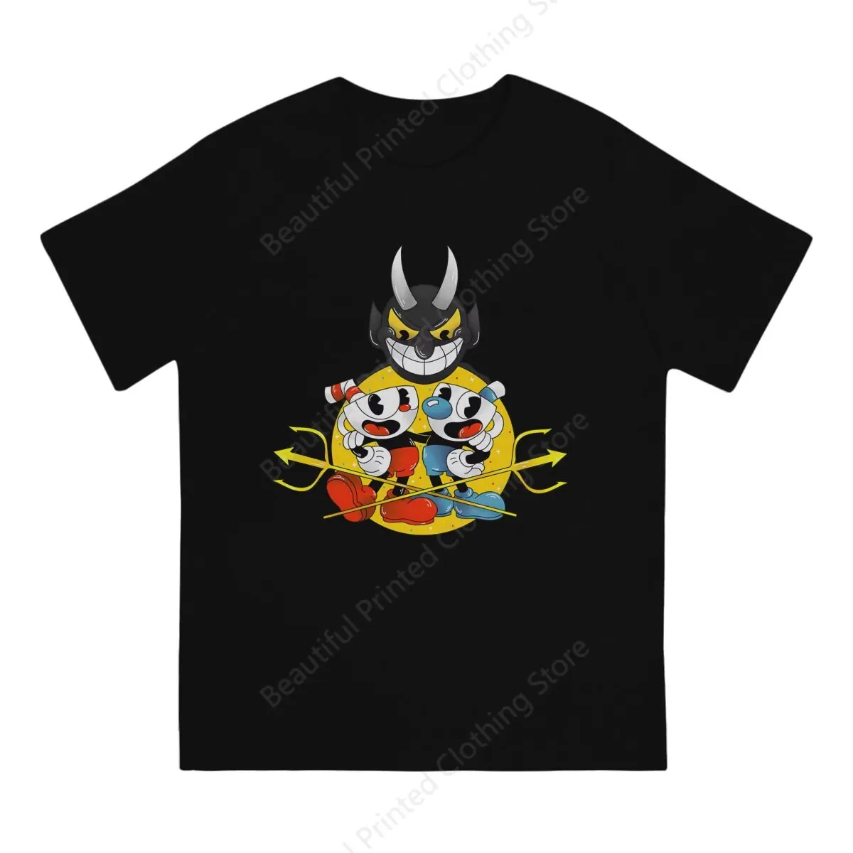 Mens T-Shirt Cuphead and Mugman with the Devil Funny Printing T-ShirtsO-Neck Breathable Tee Cotton Fun Tees