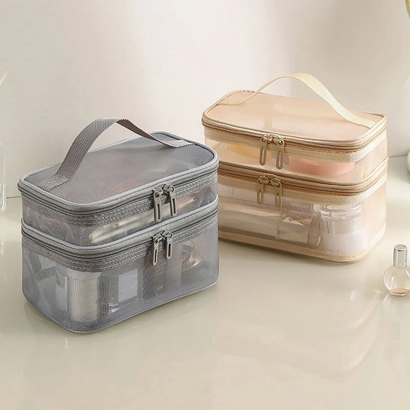 Bolsa organizadora de maquillaje para mujer, malla transparente Ideal para cosméticos, Kit de artículos de tocador para viaje