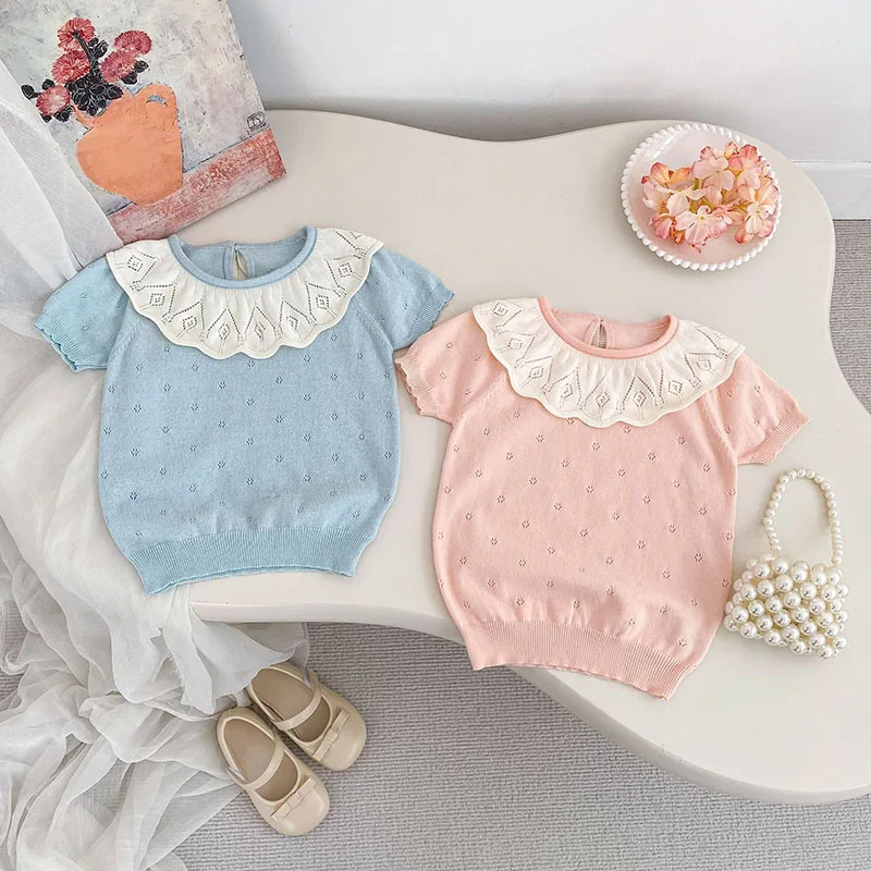 

MILANCEL New Summer Kids T-shirt 18M-7Y Sweet Hollow-out Girls Knit Tee Loose Ventilate Children Clothes Baby Knitwear