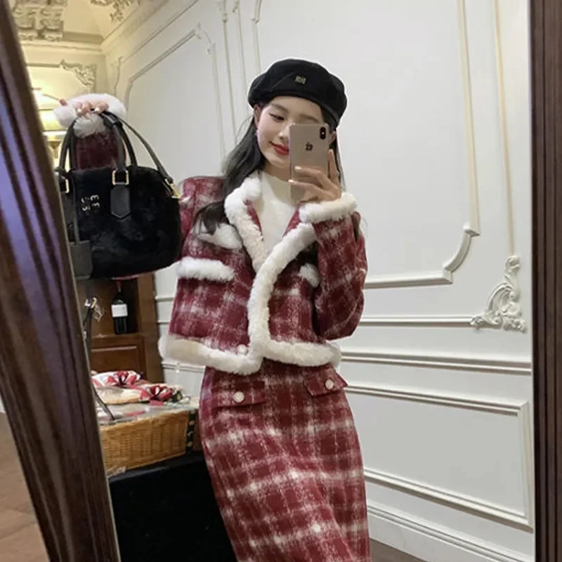 Wool Skirt Set Lady Christmas Knot Day Atmosphere Checkered Coat With Skirt Suits Autumn/Winter Red Grid Hairy Small Fragrant