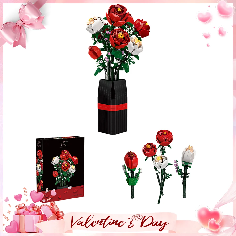 

Роза на День святого Валентина, строительные блоки, свадебные вечные цветочные кирпичи, домашний декор, романтический букет цветов, кирпичи, игрушка, сделай сам, подарочная коробка
