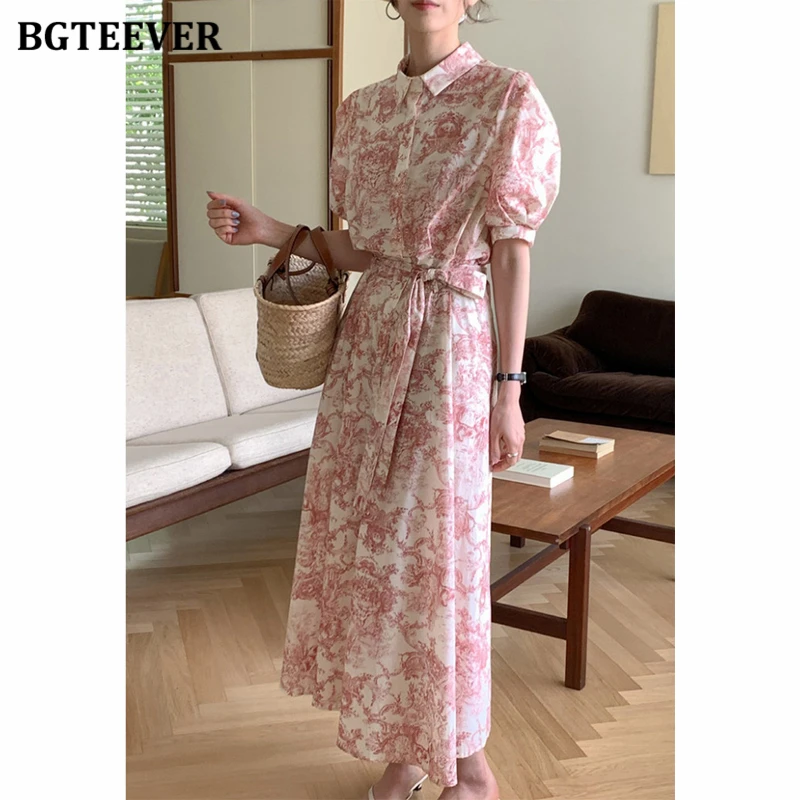 BGTEEVER Vintage Short Sleeve Female A-line Floral Dress Casual Slim Waist Lace-up Pockets Female Single-breasted Midi Dress