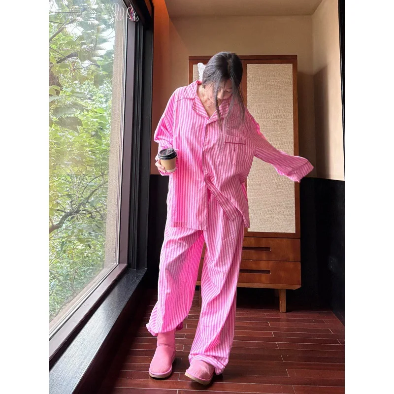 

2026 Pink Striped Pajamas Women's Spring and Autumn New Long-sleeved Trousers Loungewear Suit