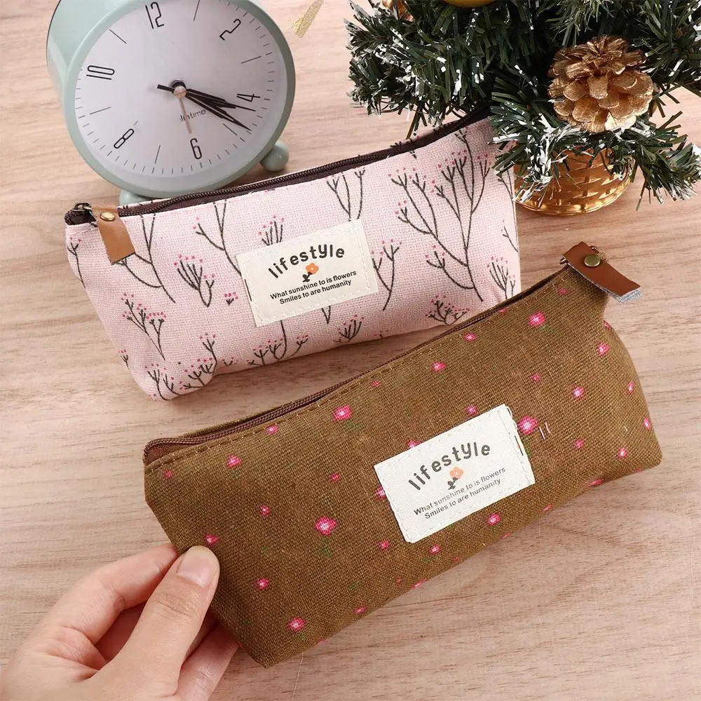 Kawaii Cute Fabric for Girl Makeup Bag Floral Flower Pen Bags Pencil Case Zipper Pouch Pencil Bag