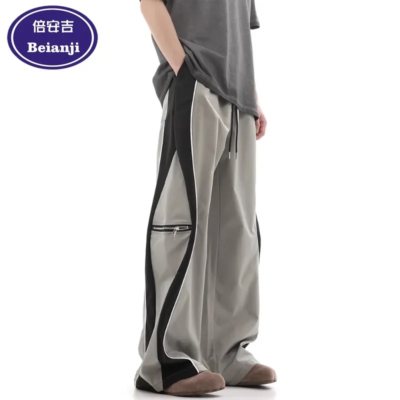 

Beianji men's casual pants High street hiphop color contrast wide-foot fashion brand American straight loose work pants