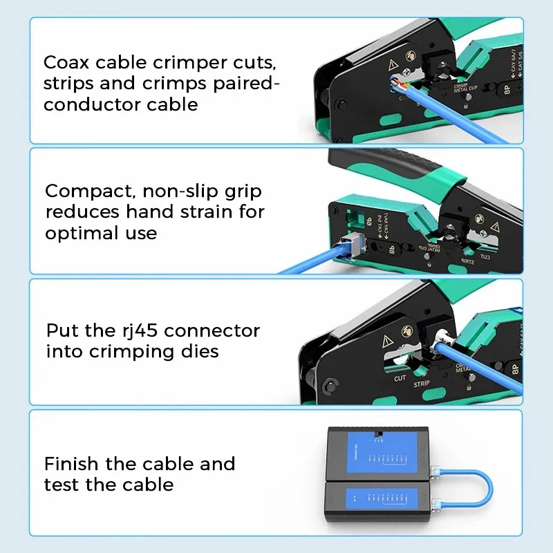 ZoeRax RJ45 Crimping Tool Pass Through, Professional Grade Ethernet Cable Crimper for Cat7 Cat6A Cat6 Cat5E Cat5 Modular Plugs