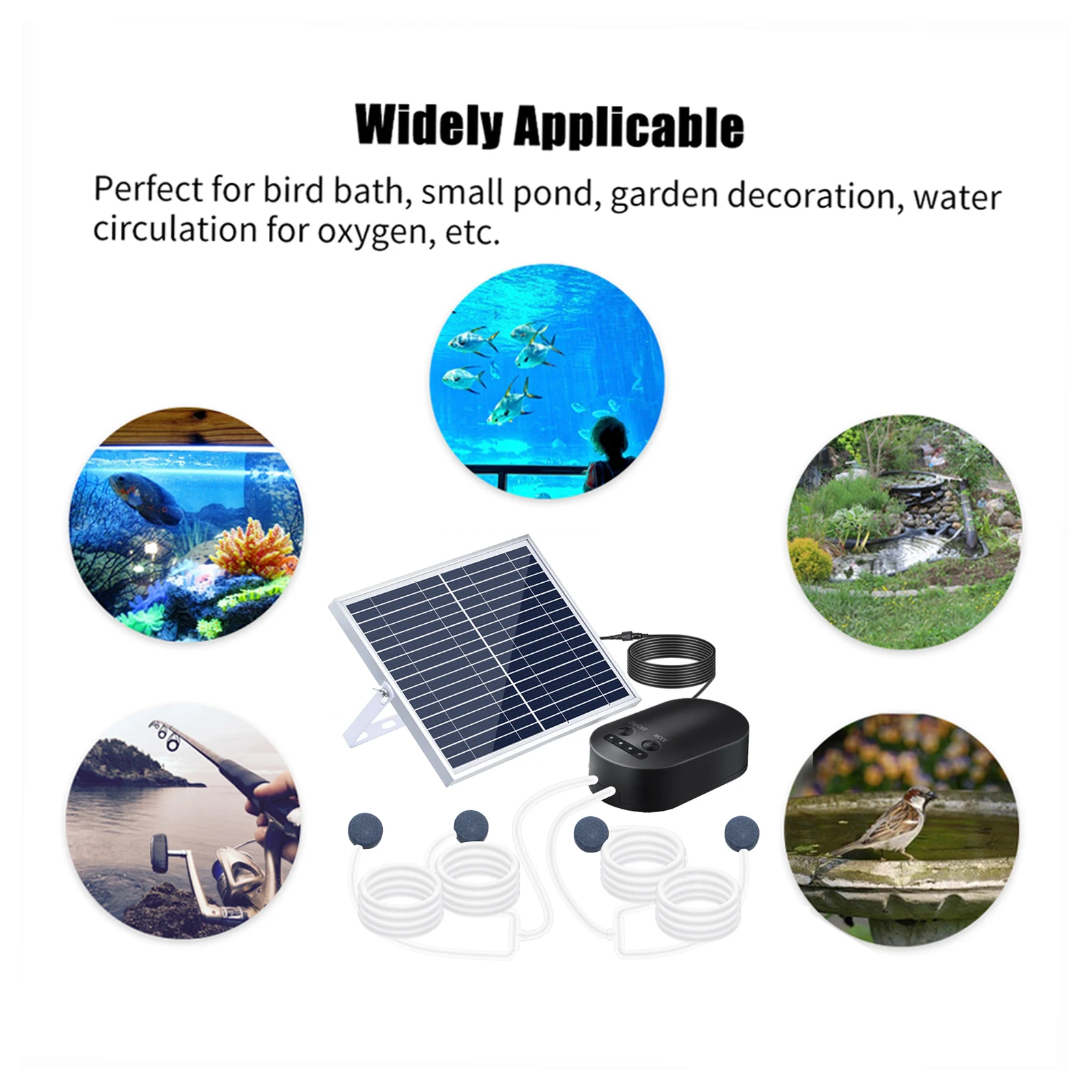 10W Solar Oxygen Pump With Pipe Air Stone Bracket Fish Tank Oxygenator 3 Adjustable Modes Aquarium Oxygen Aerator for Small Pond