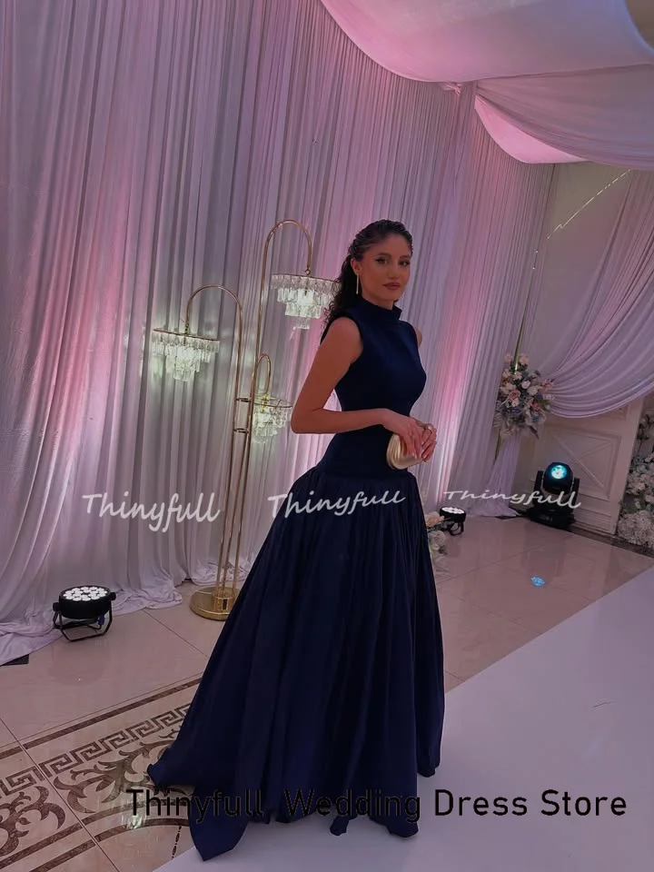 Thinyfull a-line ساتان فساتين لحضور الحفلات الموسيقية رقبة عالية بدون أكمام فستان سهرة طول الأرض فستان رسمي رداء De Soirée مخصص