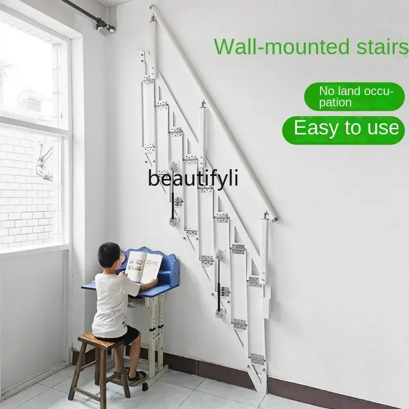 zq Pedal Folding Wall-Saving Place against the Wall Stairs Steel Wood Oblique Beam Straight Ladder Duplex Folding Stairs Attic