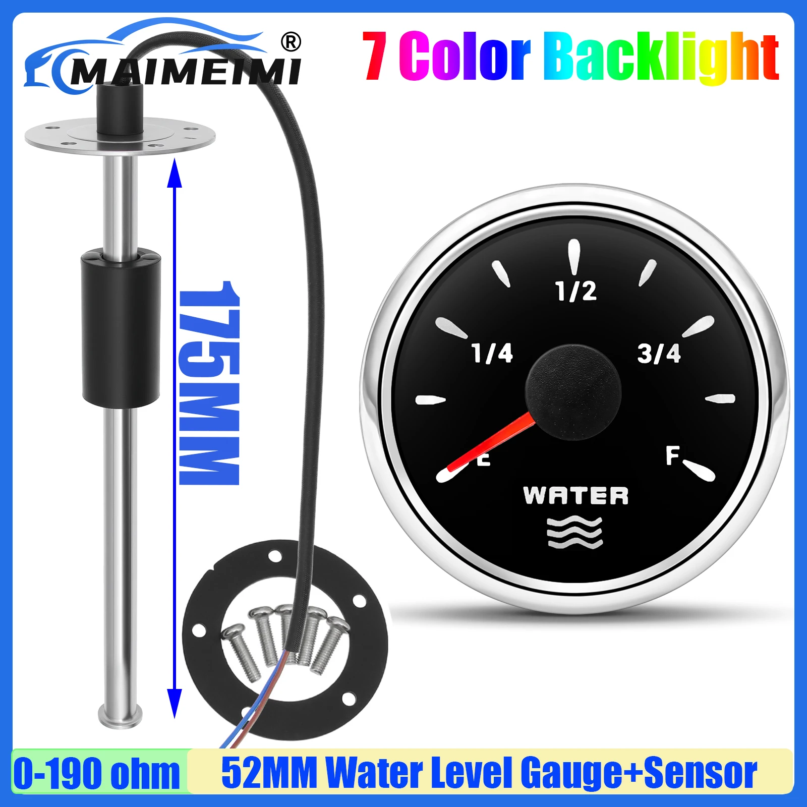 0-190Ohm Waterniveausensor 52mm Waterniveaumeter met 7-kleuren LED watertankmeter indicator voor marine jacht boot auto 12V24V