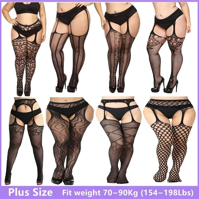 Plus Size Thigh High Tights Open Crotchless Pantyhose Oversized Stockings Black Fishnet Panty Socks Belt for Women Lingerie Sexy