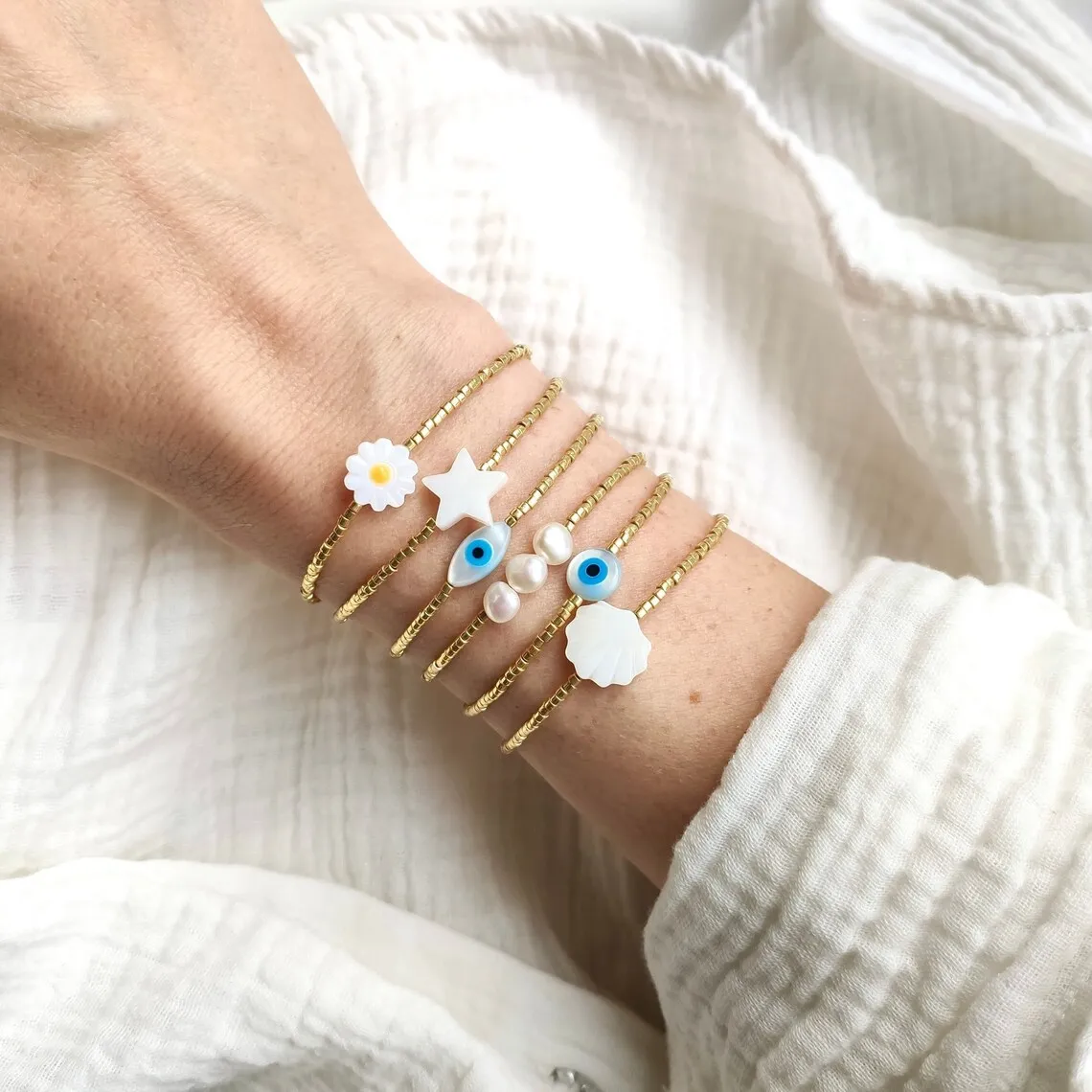 Miyuki-Perlenarmband mit Bösem Blick & Gänseblümchen-Anhänger, stapelbar, verstellbar, Pulseras-Schmuck für Frauen, Teenager, Boho-Strandschmuck – Detail 2