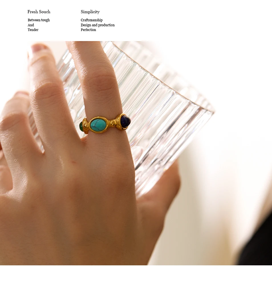 Yhpup Edelstahl Bunter Naturstein Achat Guss Vintage Charm Ring Mode 316l Schmuck für Frauen Strukturiertes Geschenk – Detail 3