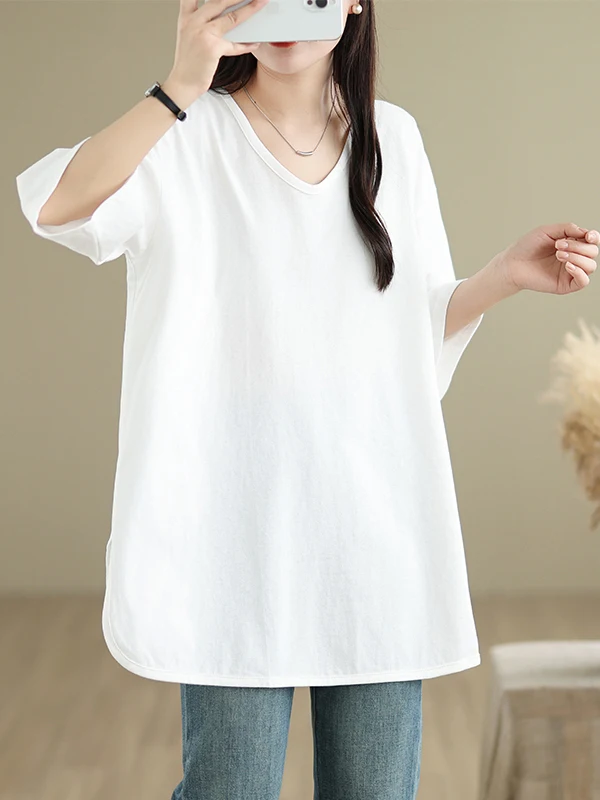 Semplice colore puro V-Ne cinque quarti Sve Midi T-irt da donna Allentato plus Size Asimmetrico Pendolarismo Sle Estate Nuovo arrivo