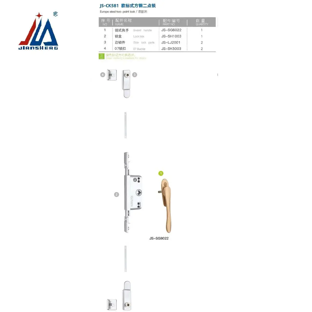 نظام قفل عالي التحمل بنقطتين مع صندوق قفل من الألومنيوم وأنبوب مربع للاتحاد الأوروبي، أمان عالي للأبواب والنوافذ