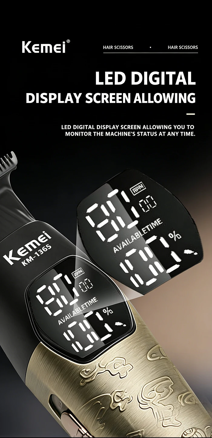Kemei KM-1365 Elektrischer Haarschneider Professioneller Präzisions-Trimmer Metall-Haarschneidemaschine mit Digitalanzeige – Detail 7