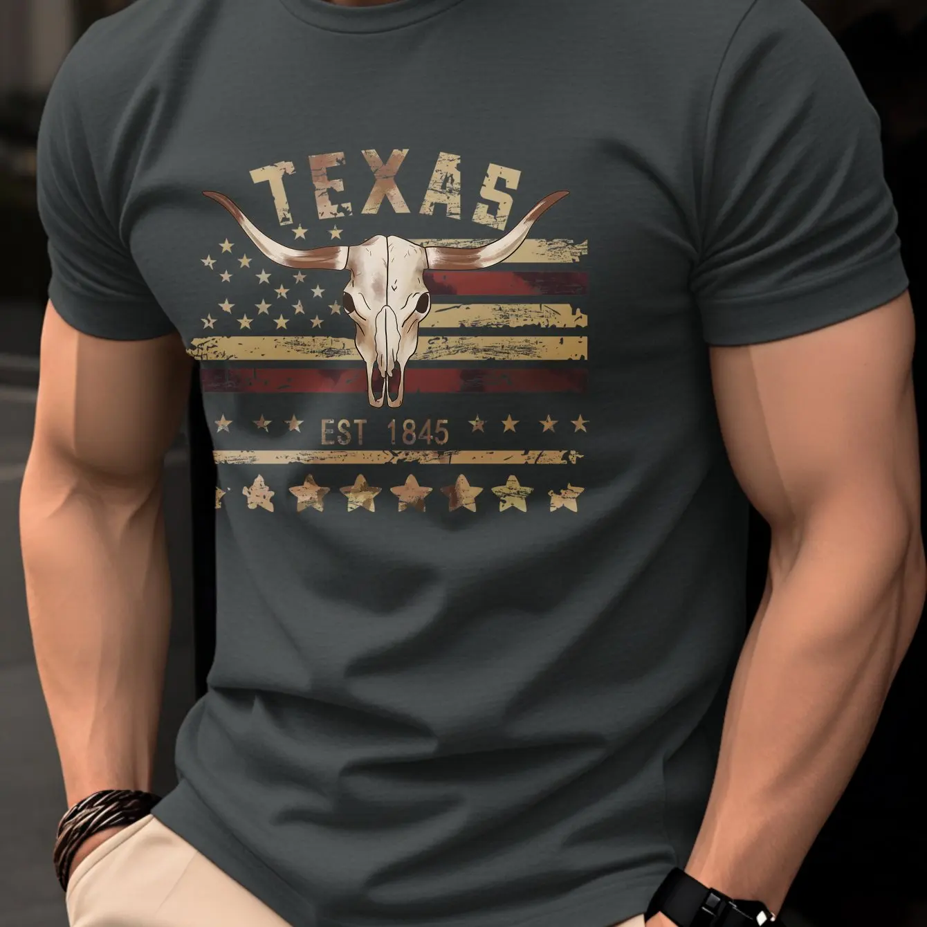 Texas EST 1845 Longhorn Skull T-Shirt Men Vintage American Flag Print Casual Western Cowboy Style Cotton Short Sleeve Tee