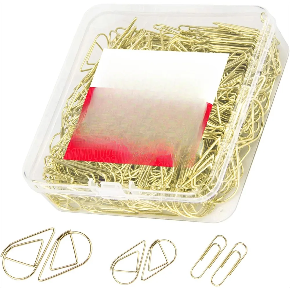 Gold paper clips, various sizes, smooth wire drop paper clips, large, medium and small office supplies