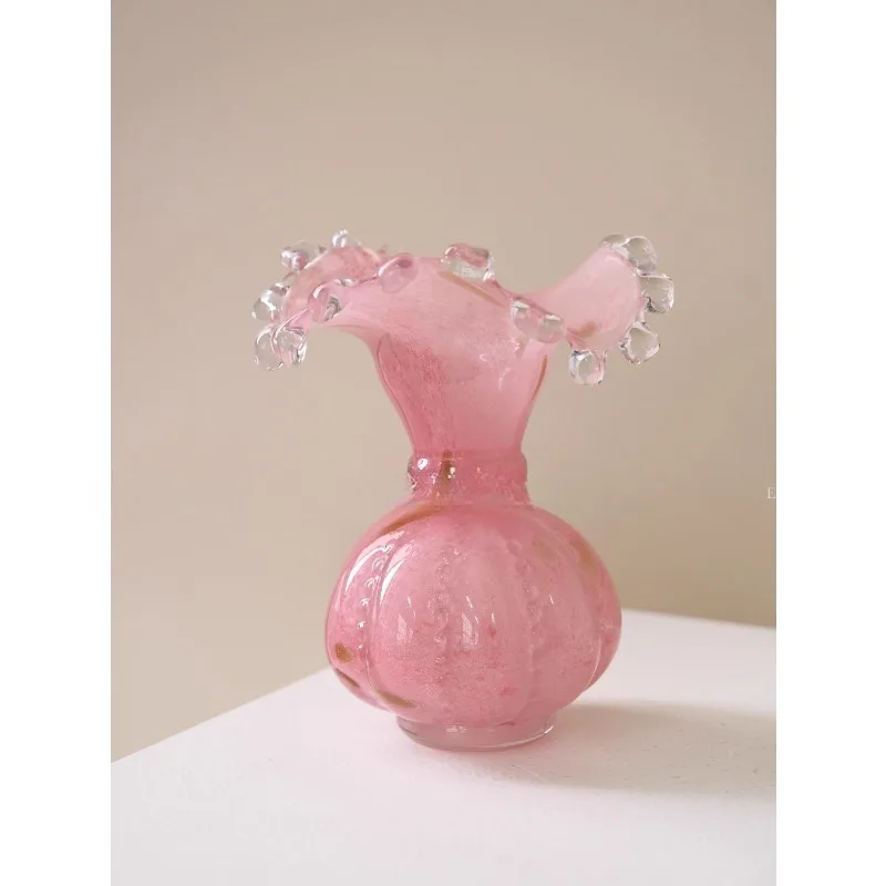 

Gentle pink French retro water drop handmade glazed vase glass living room entrance flower arrangement gift