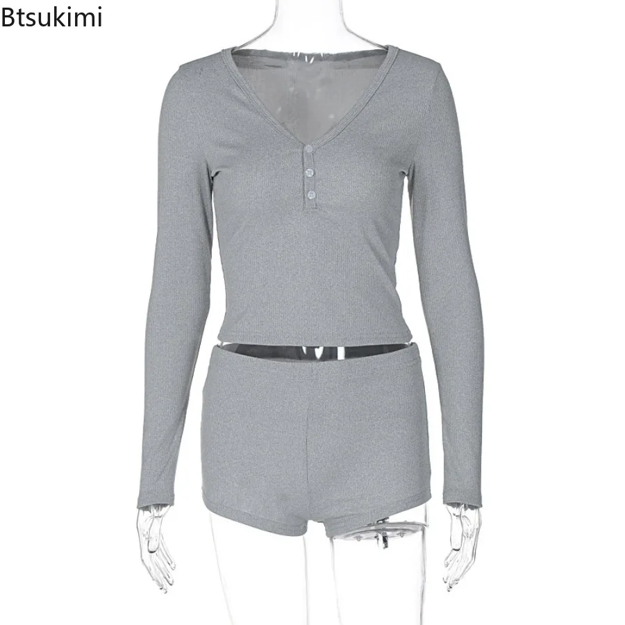 Sexy Low Cut V-Neck Three Buttons Crop Top Shorts Leisure Suit Women Long Sleeve T-shirt Short Pants Solid Slim Sports Outfits