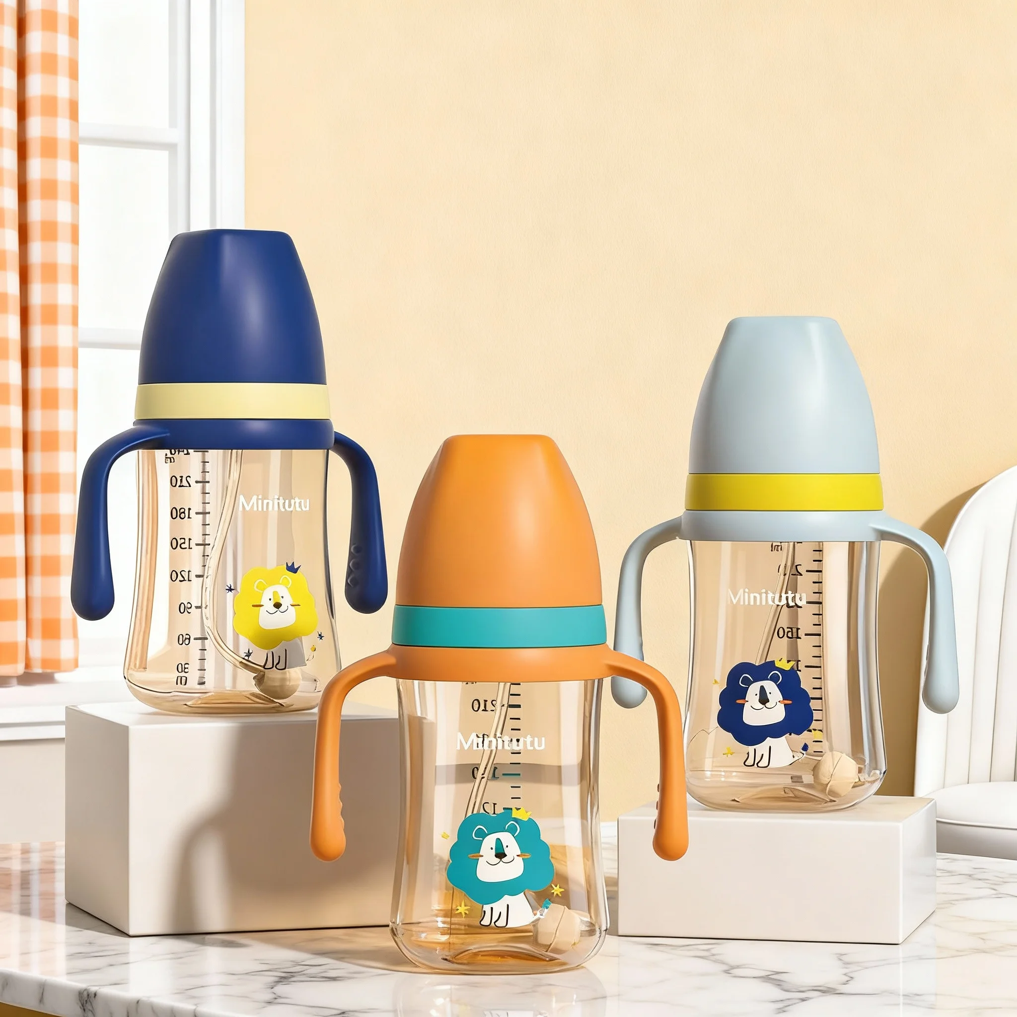 3-in-1 300ml baby bottle with handle, includes 3 different types of nipples, easy to clean, essential for feeding children