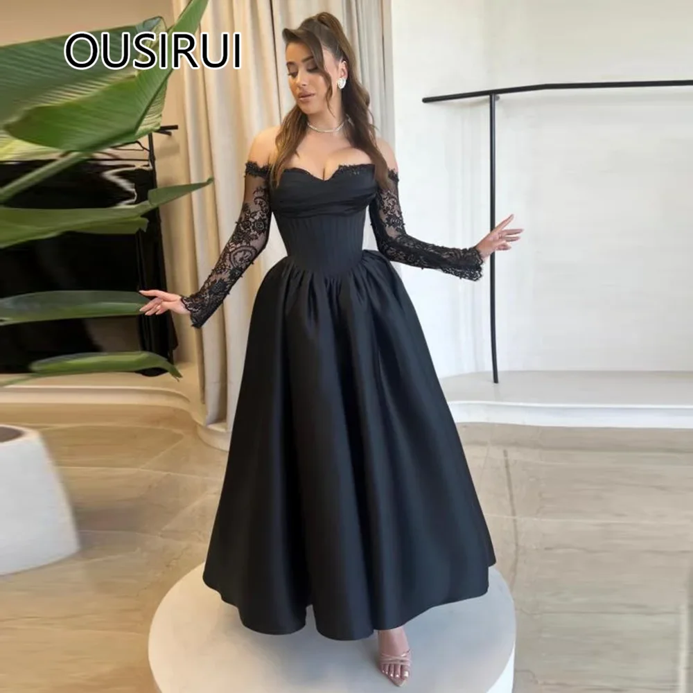 Saudi Evening Party Gown with Long Lace Sleeve Off-Shoulder Satin Arab Bridesmaid Dress A-line Backless Tea-Length Custom Made