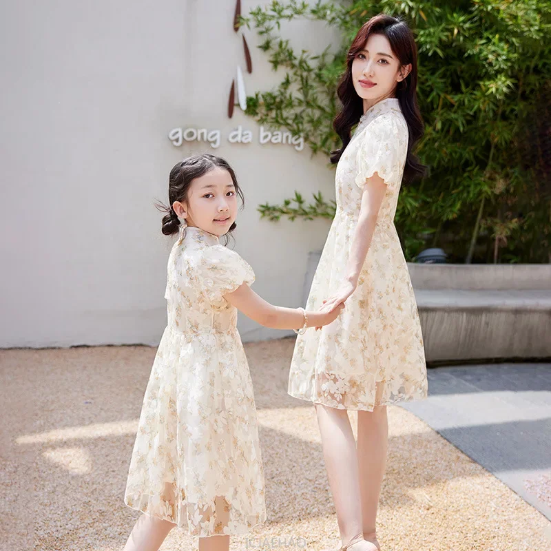 Mother Daughter Matching Dresses Vintage CheongsamGirl Daily Wear Retro Floral Dress Princess Gown Summer Outfit Mommy and