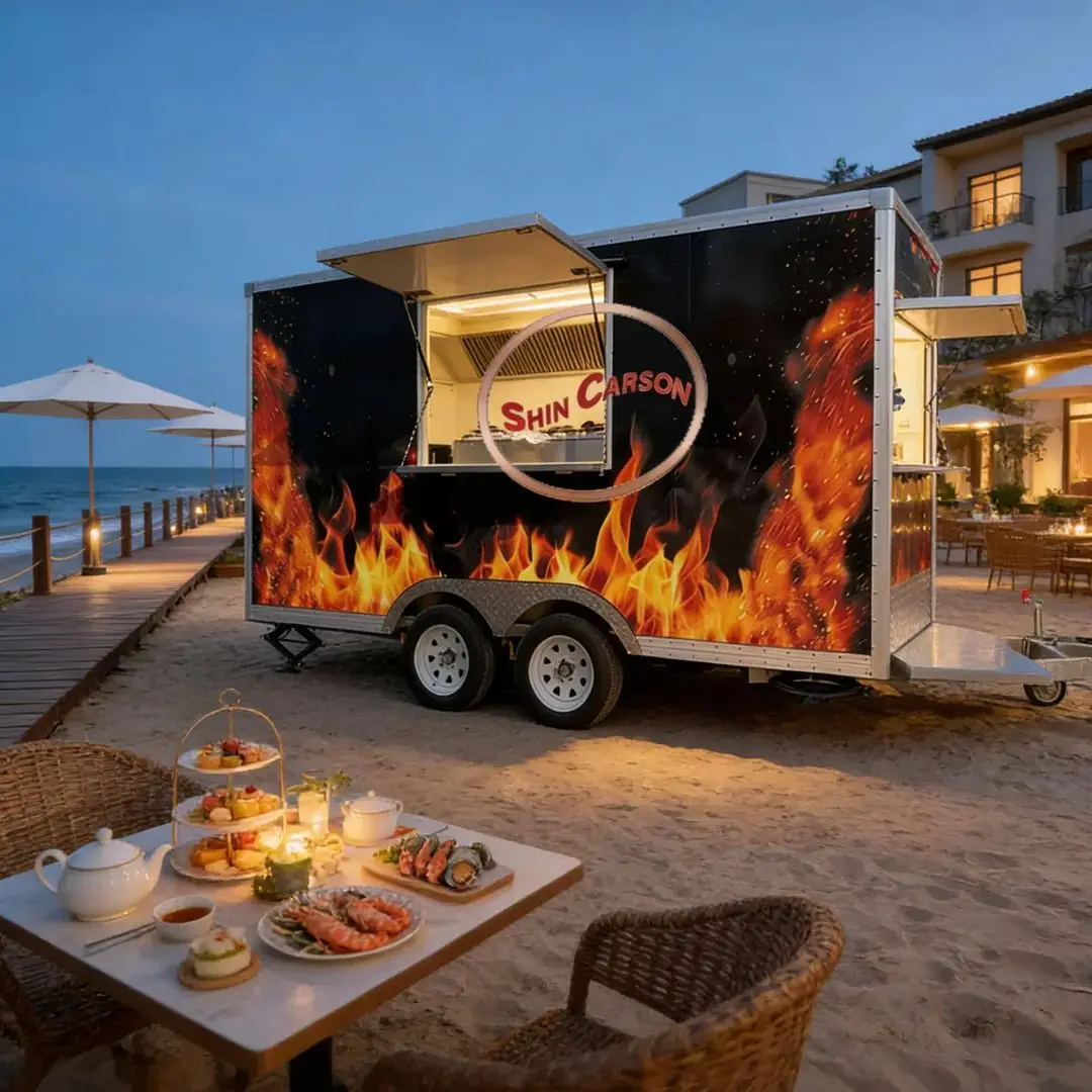 

Double Axle Fiberglass Food Truck Mobile Catering Trailer with Flame Graphic Commercial Kitchen for Business Use