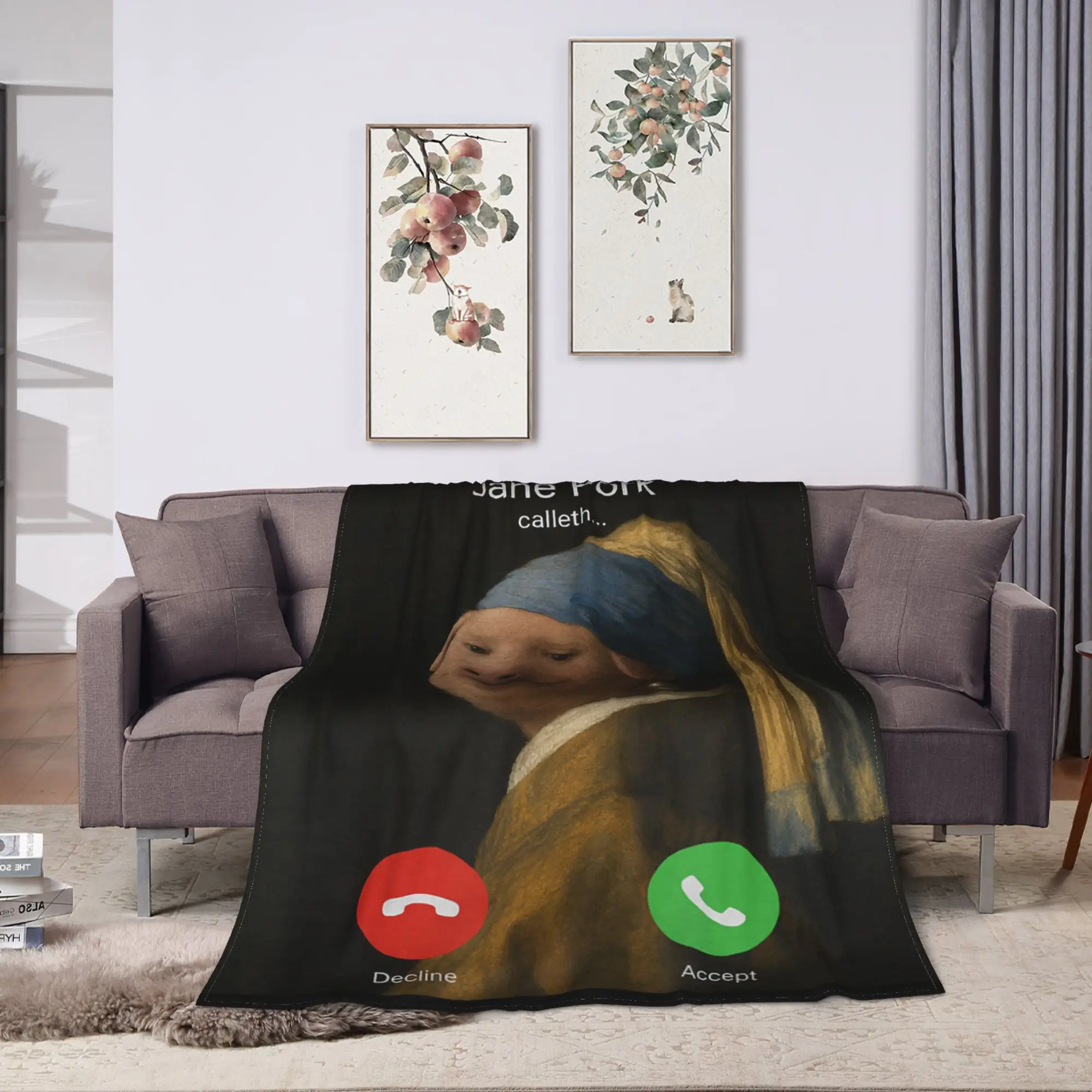 John Pork Girl with a Pearl Earring Vermeer Funny Meme Viral Comfy Blanket  Trend Throw Blanket Couch Chair Flannel Bedspread