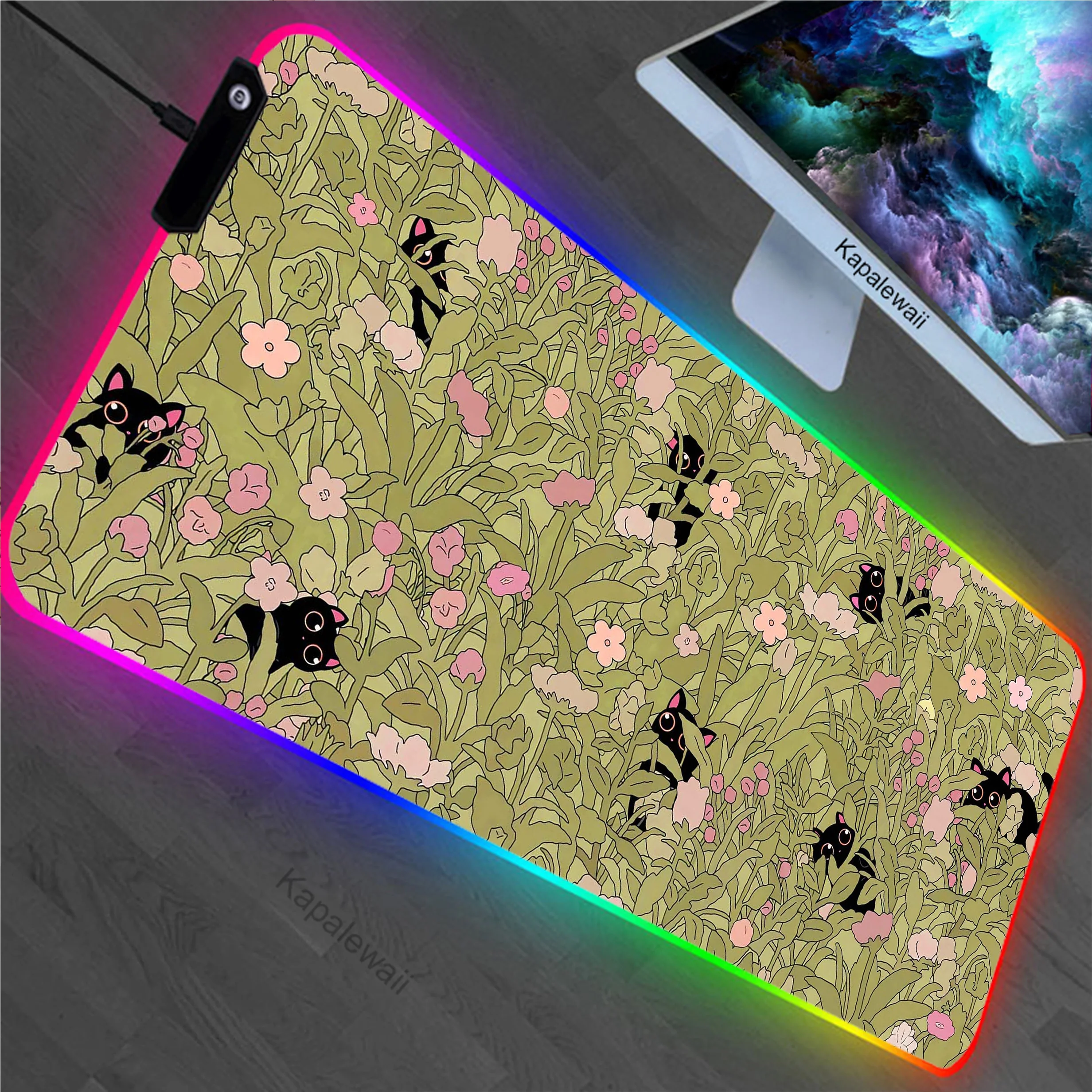 

Cat Plant RGB Pc Game Mousepad LED Large Mouse Pad Anti-slip XXL Gamer Mouse Mat Office Table Carpet Gaming Mats 900x400mm