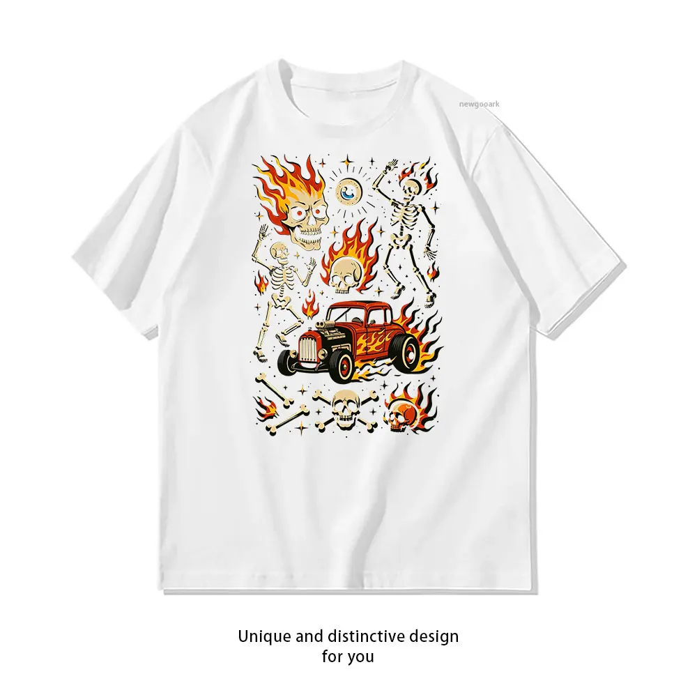 Flaming Skulls & Classic Car T-Shirt Casual cotton graphic t shirts Creative streetwear Classic O-neck shirt