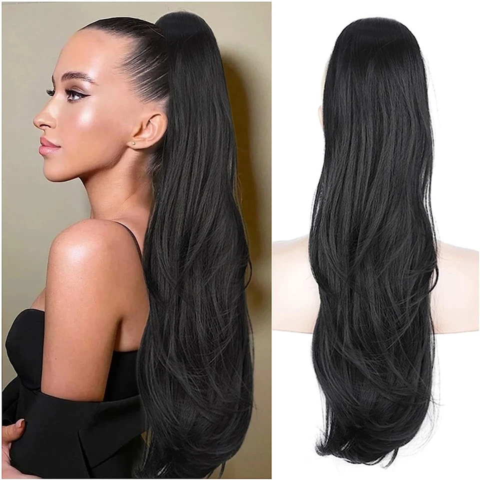 Ponytail Extensions 26 Inch Long Natural Wavy Drawstring Straight Hair Fake Tail Synthetic Hairpiece for Women Daily Use party