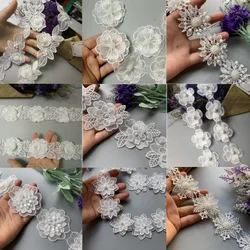 10 pz/lotto Fiore di Perle Organza Tessuto Del Ricamo Patch di Pizzo Trim Nastro Vestiti 3D Che Borda Fiore Abito Da Sposa FAI DA TE Applique 5 cm