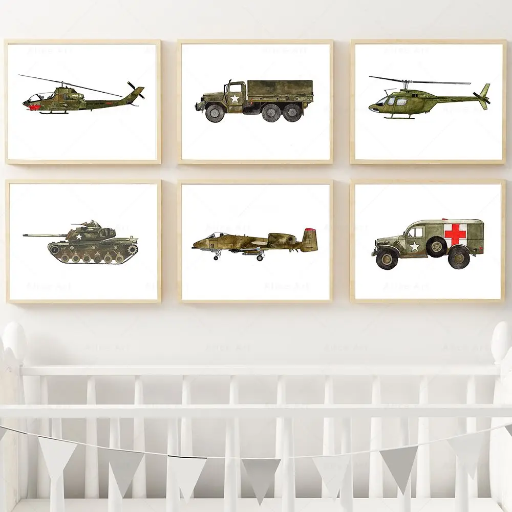 （2D Canvas painting） Army Vehicle Airplane Poster Military Tank Prints Wall Art Canvas Painting Army Room Theme Wall Pictures