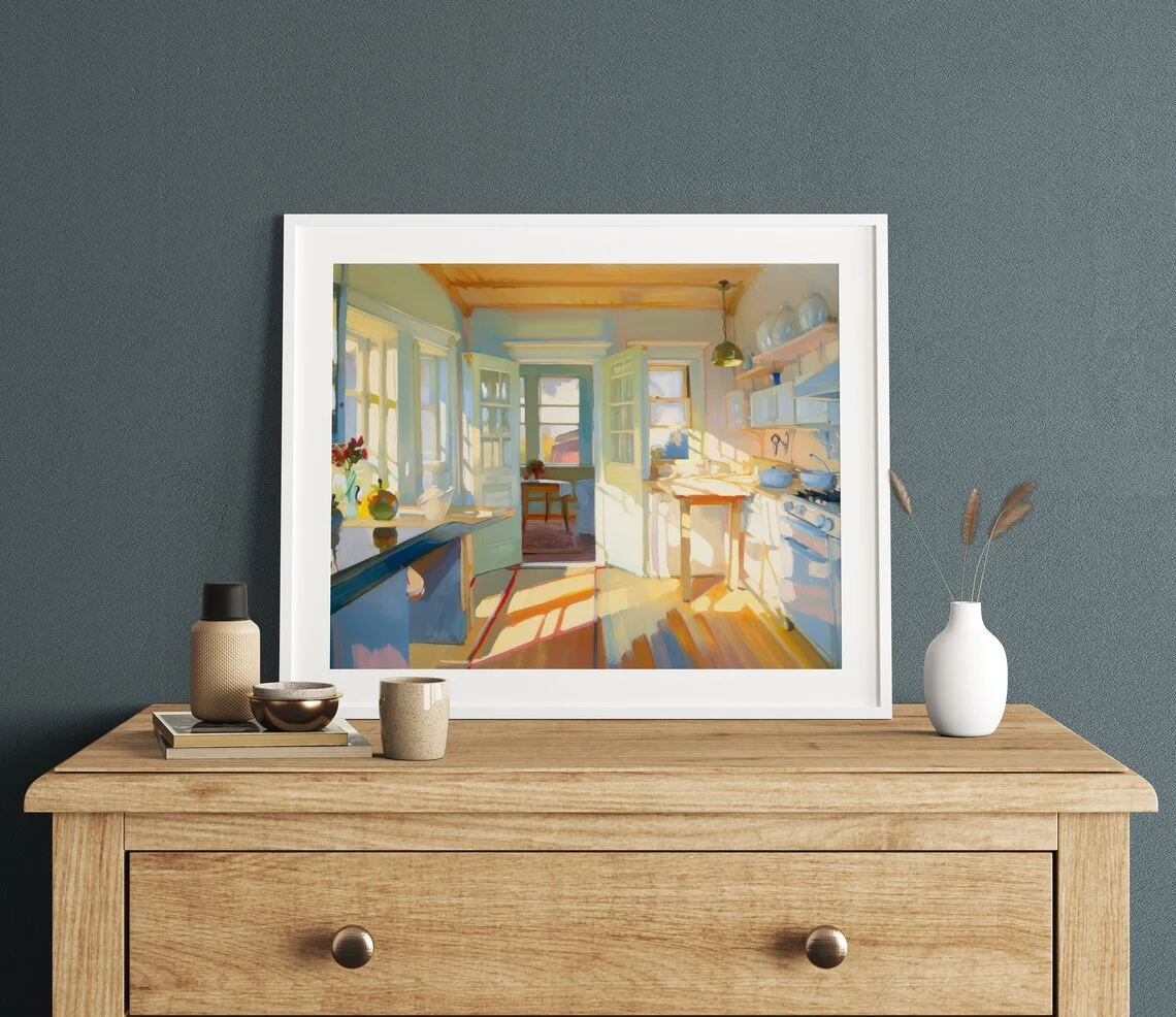 Golden Hour Kitchen Glow Wandkunst – Warmer impressionistischer Druck eines sonnengelichteten Cottage-Kücheninterieurs, luftiges und einladendes Dekor für