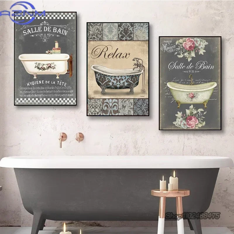 Vintage French Style Shabby Victorian Bathtub Canvas Painting Prints Posters Bathroom Wall Art Pictures Aesthetic Room Decor